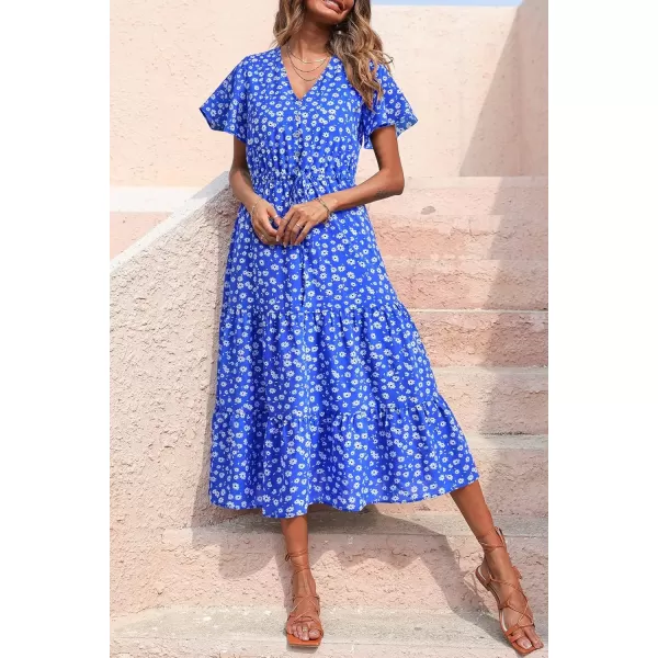 imagePRETTYGARDEN Womens Floral Boho Dress Casual Short Sleeve V Neck Ruffle Tiered 2024 Summer Swing Maxi DressesDark Blue