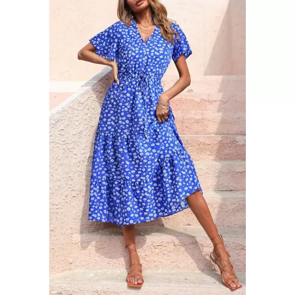 imagePRETTYGARDEN Womens Floral Boho Dress Casual Short Sleeve V Neck Ruffle Tiered 2024 Summer Swing Maxi DressesDark Blue