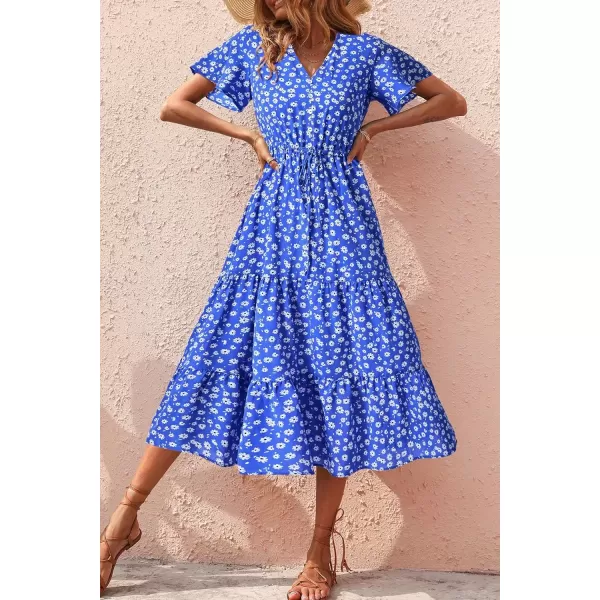 imagePRETTYGARDEN Womens Floral Boho Dress Casual Short Sleeve V Neck Ruffle Tiered 2024 Summer Swing Maxi DressesDark Blue