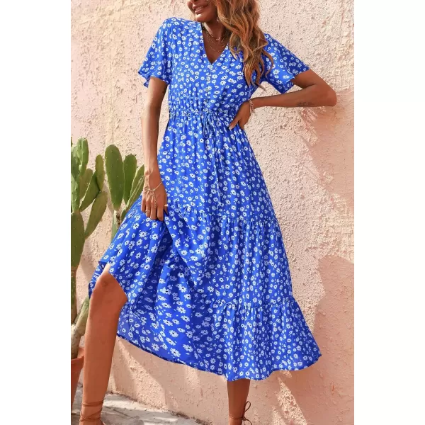 imagePRETTYGARDEN Womens Floral Boho Dress Casual Short Sleeve V Neck Ruffle Tiered 2024 Summer Swing Maxi DressesDark Blue