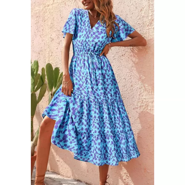 imagePRETTYGARDEN Womens Floral Boho Dress Casual Short Sleeve V Neck Ruffle Tiered 2024 Summer Swing Maxi DressesLight Blue Purple Floral