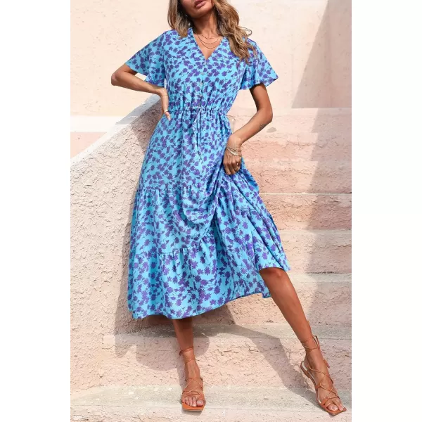 imagePRETTYGARDEN Womens Floral Boho Dress Casual Short Sleeve V Neck Ruffle Tiered 2024 Summer Swing Maxi DressesLight Blue Purple Floral