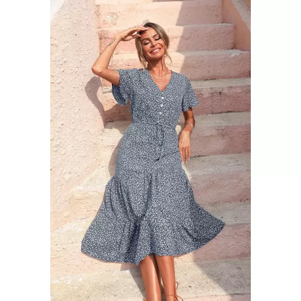 imagePRETTYGARDEN Womens Floral Boho Dress Casual Short Sleeve V Neck Ruffle Tiered 2024 Summer Swing Maxi DressesNavy Floral