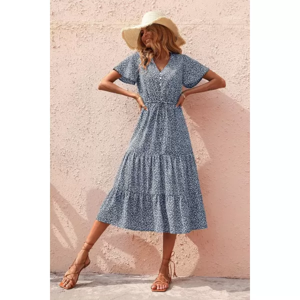 imagePRETTYGARDEN Womens Floral Boho Dress Casual Short Sleeve V Neck Ruffle Tiered 2024 Summer Swing Maxi DressesNavy Floral