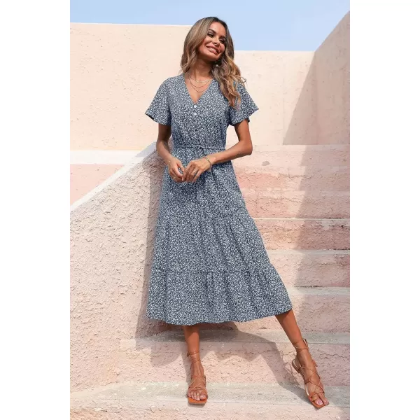 imagePRETTYGARDEN Womens Floral Boho Dress Casual Short Sleeve V Neck Ruffle Tiered 2024 Summer Swing Maxi DressesNavy Floral