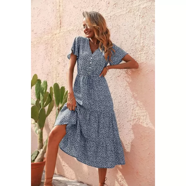 imagePRETTYGARDEN Womens Floral Boho Dress Casual Short Sleeve V Neck Ruffle Tiered 2024 Summer Swing Maxi DressesNavy Floral