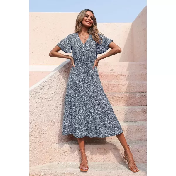 imagePRETTYGARDEN Womens Floral Boho Dress Casual Short Sleeve V Neck Ruffle Tiered 2024 Summer Swing Maxi DressesNavy Floral