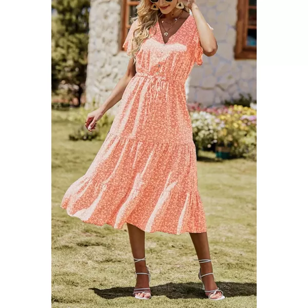 imagePRETTYGARDEN Womens Floral Boho Dress Casual Short Sleeve V Neck Ruffle Tiered 2024 Summer Swing Maxi DressesOrange Yellow