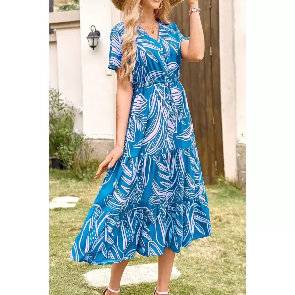 imagePRETTYGARDEN Womens Floral Boho Dress Casual Short Sleeve V Neck Ruffle Tiered 2024 Summer Swing Maxi DressesPrint Blue