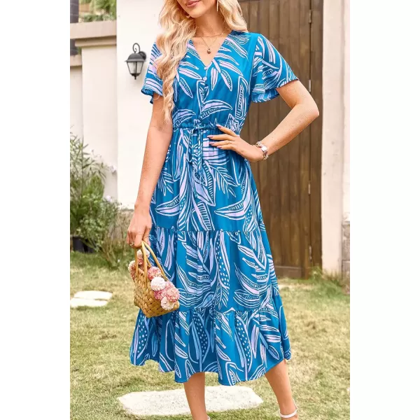 imagePRETTYGARDEN Womens Floral Boho Dress Casual Short Sleeve V Neck Ruffle Tiered 2024 Summer Swing Maxi DressesPrint Blue