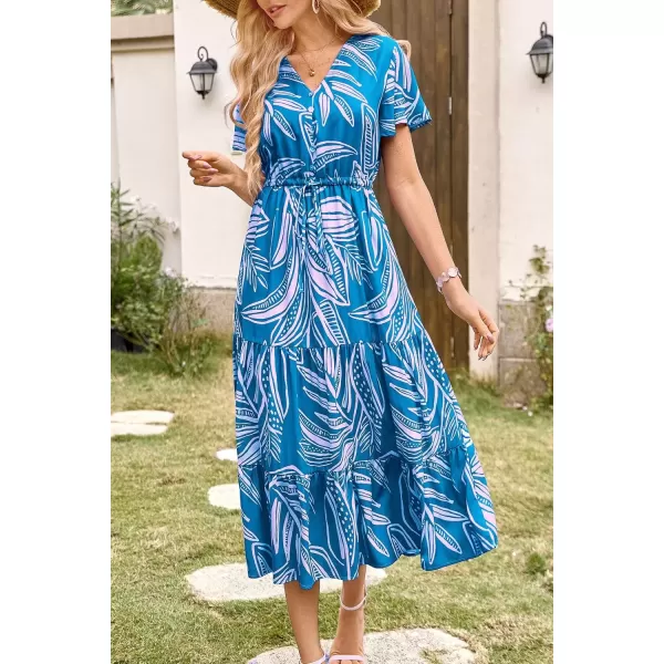 imagePRETTYGARDEN Womens Floral Boho Dress Casual Short Sleeve V Neck Ruffle Tiered 2024 Summer Swing Maxi DressesPrint Blue
