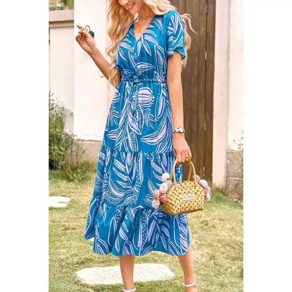 imagePRETTYGARDEN Womens Floral Boho Dress Casual Short Sleeve V Neck Ruffle Tiered 2024 Summer Swing Maxi DressesPrint Blue