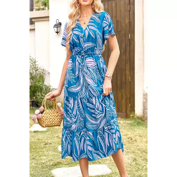 imagePRETTYGARDEN Womens Floral Boho Dress Casual Short Sleeve V Neck Ruffle Tiered 2024 Summer Swing Maxi DressesPrint Blue