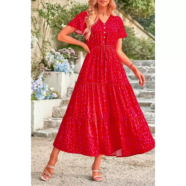 imagePRETTYGARDEN Womens Floral Boho Dress Casual Short Sleeve V Neck Ruffle Tiered 2024 Summer Swing Maxi DressesPrint Red