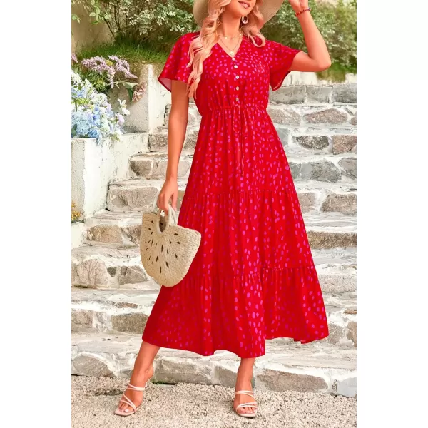 imagePRETTYGARDEN Womens Floral Boho Dress Casual Short Sleeve V Neck Ruffle Tiered 2024 Summer Swing Maxi DressesPrint Red