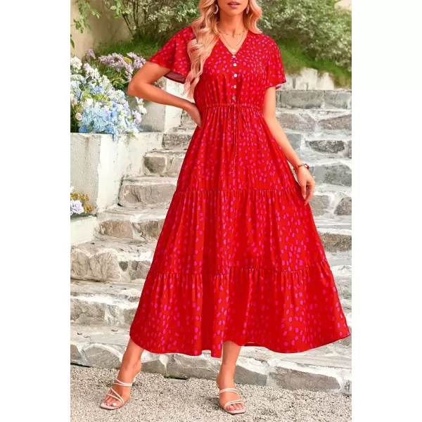 imagePRETTYGARDEN Womens Floral Boho Dress Casual Short Sleeve V Neck Ruffle Tiered 2024 Summer Swing Maxi DressesPrint Red