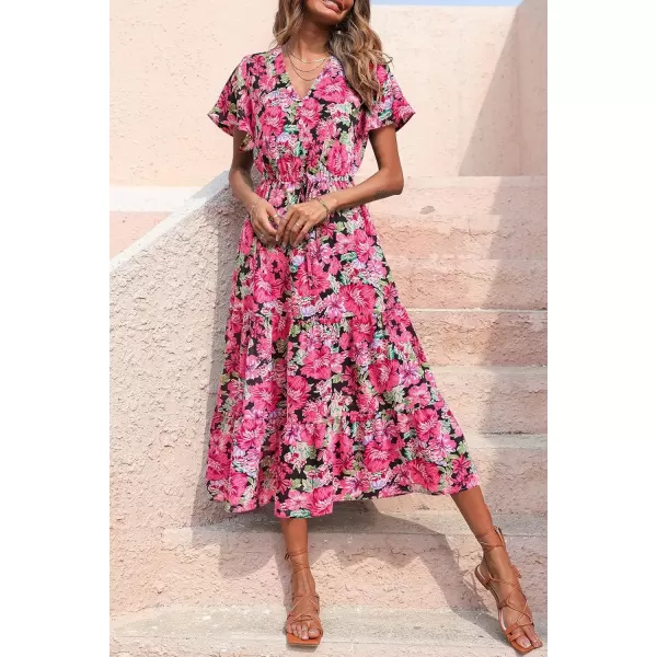 imagePRETTYGARDEN Womens Floral Boho Dress Casual Short Sleeve V Neck Ruffle Tiered 2024 Summer Swing Maxi DressesRed