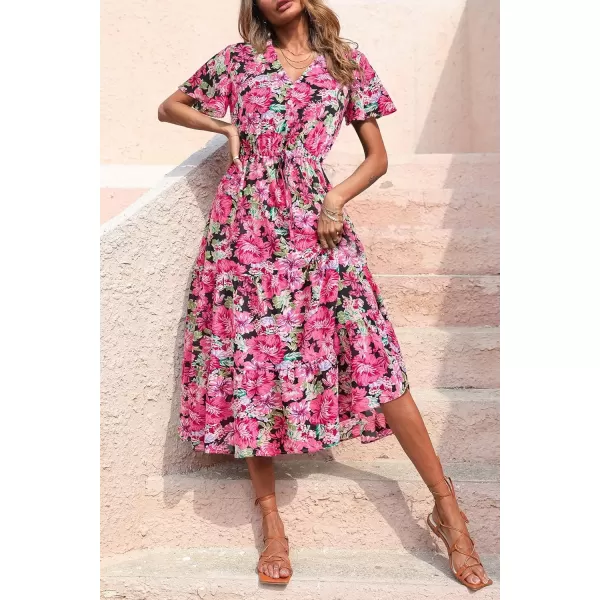 imagePRETTYGARDEN Womens Floral Boho Dress Casual Short Sleeve V Neck Ruffle Tiered 2024 Summer Swing Maxi DressesRed