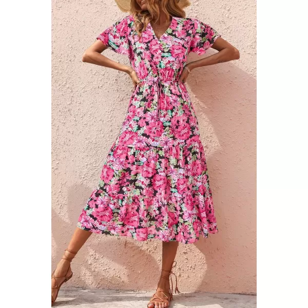 imagePRETTYGARDEN Womens Floral Boho Dress Casual Short Sleeve V Neck Ruffle Tiered 2024 Summer Swing Maxi DressesRed
