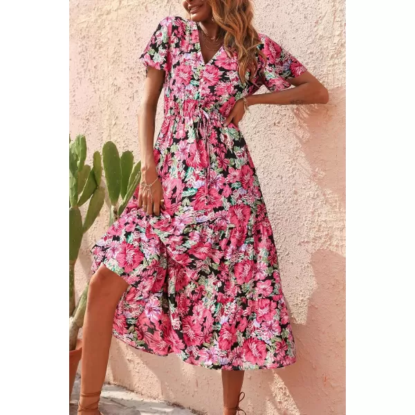 imagePRETTYGARDEN Womens Floral Boho Dress Casual Short Sleeve V Neck Ruffle Tiered 2024 Summer Swing Maxi DressesRed
