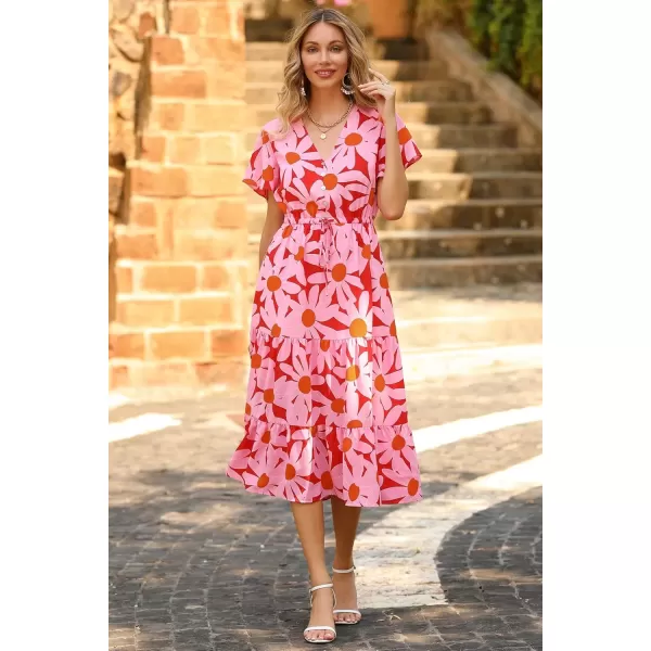 imagePRETTYGARDEN Womens Floral Boho Dress Casual Short Sleeve V Neck Ruffle Tiered 2024 Summer Swing Maxi DressesRed Floral