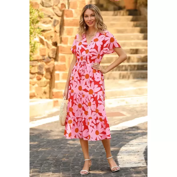 imagePRETTYGARDEN Womens Floral Boho Dress Casual Short Sleeve V Neck Ruffle Tiered 2024 Summer Swing Maxi DressesRed Floral