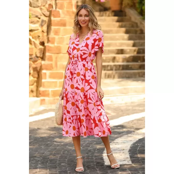 imagePRETTYGARDEN Womens Floral Boho Dress Casual Short Sleeve V Neck Ruffle Tiered 2024 Summer Swing Maxi DressesRed Floral