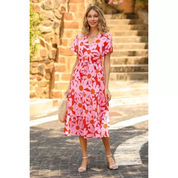 imagePRETTYGARDEN Womens Floral Boho Dress Casual Short Sleeve V Neck Ruffle Tiered 2024 Summer Swing Maxi DressesRed Floral