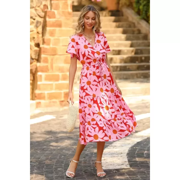 imagePRETTYGARDEN Womens Floral Boho Dress Casual Short Sleeve V Neck Ruffle Tiered 2024 Summer Swing Maxi DressesRed Floral