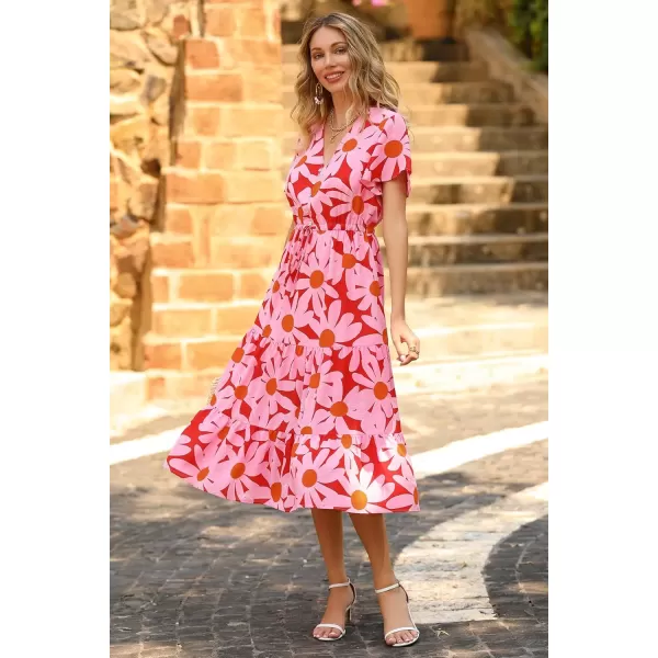 imagePRETTYGARDEN Womens Floral Boho Dress Casual Short Sleeve V Neck Ruffle Tiered 2024 Summer Swing Maxi DressesRed Floral