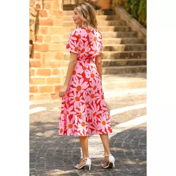 imagePRETTYGARDEN Womens Floral Boho Dress Casual Short Sleeve V Neck Ruffle Tiered 2024 Summer Swing Maxi DressesRed Floral