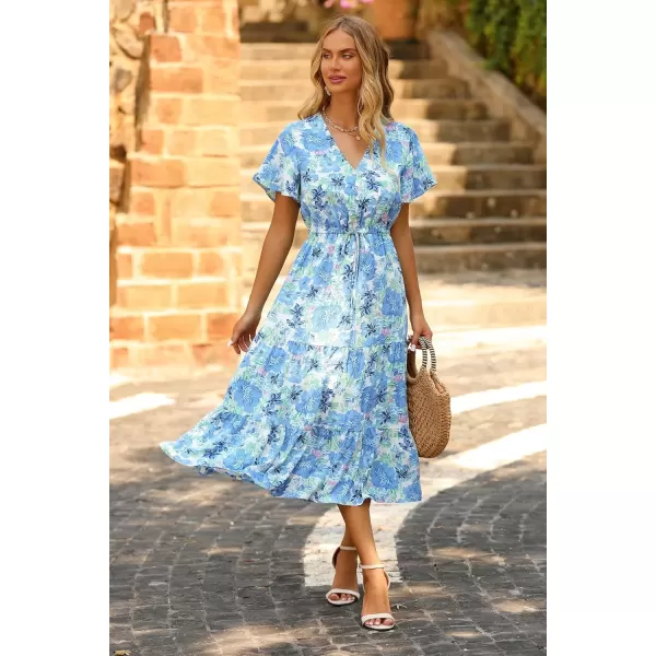 imagePRETTYGARDEN Womens Floral Boho Dress Casual Short Sleeve V Neck Ruffle Tiered 2024 Summer Swing Maxi DressesWhite Blue Floral