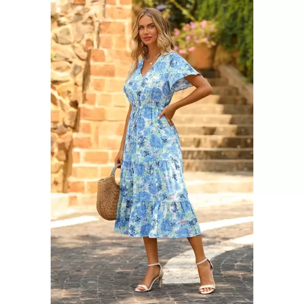 imagePRETTYGARDEN Womens Floral Boho Dress Casual Short Sleeve V Neck Ruffle Tiered 2024 Summer Swing Maxi DressesWhite Blue Floral