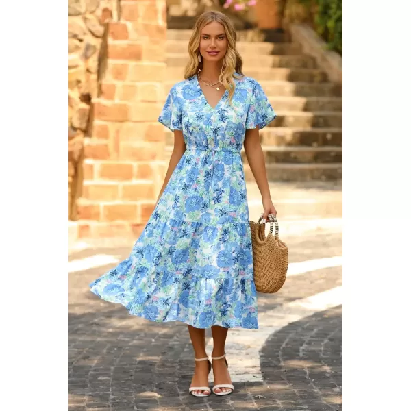 imagePRETTYGARDEN Womens Floral Boho Dress Casual Short Sleeve V Neck Ruffle Tiered 2024 Summer Swing Maxi DressesWhite Blue Floral