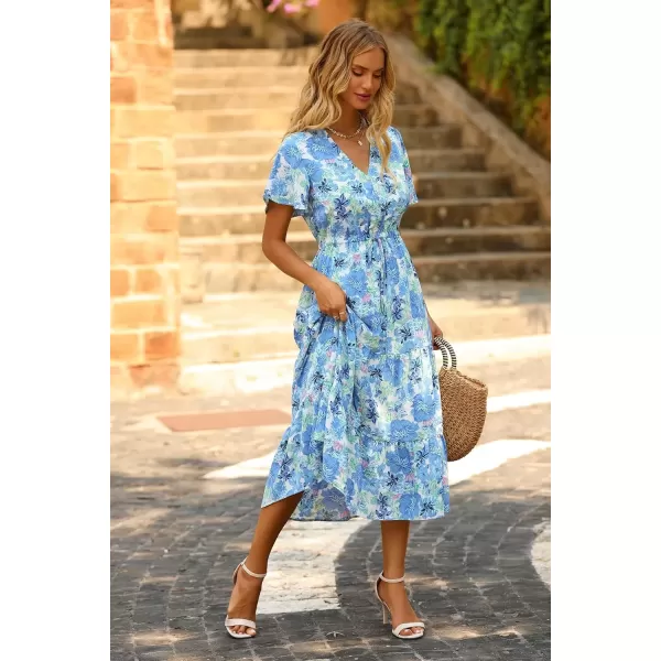 imagePRETTYGARDEN Womens Floral Boho Dress Casual Short Sleeve V Neck Ruffle Tiered 2024 Summer Swing Maxi DressesWhite Blue Floral