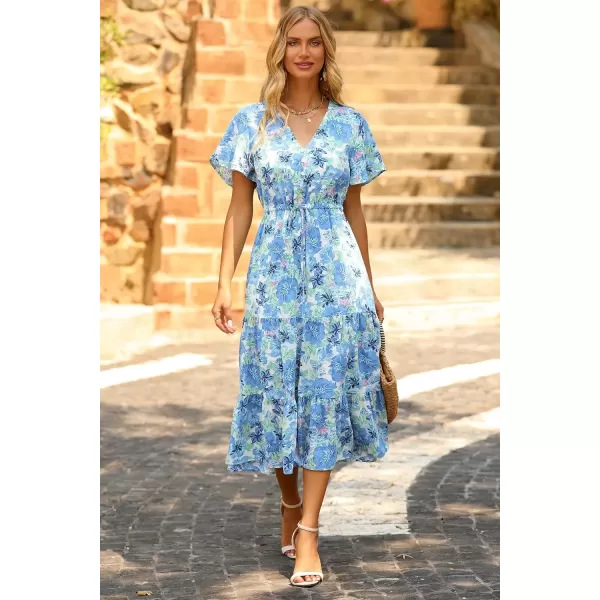 imagePRETTYGARDEN Womens Floral Boho Dress Casual Short Sleeve V Neck Ruffle Tiered 2024 Summer Swing Maxi DressesWhite Blue Floral