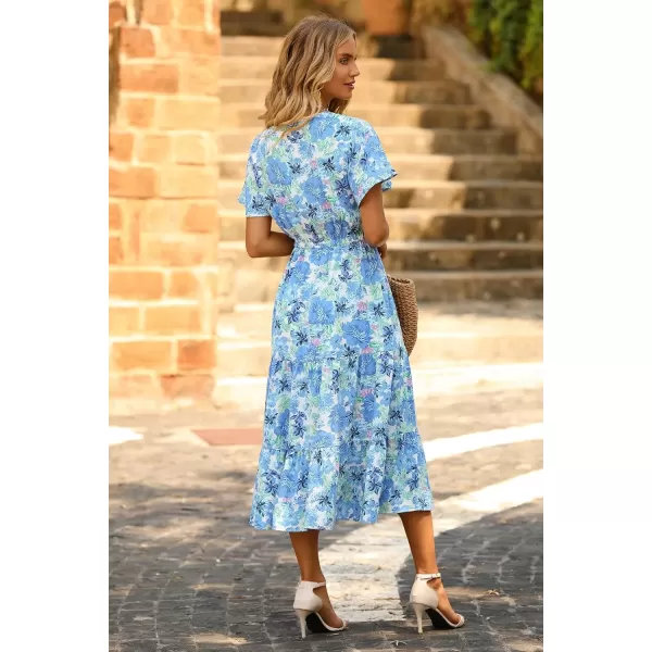 imagePRETTYGARDEN Womens Floral Boho Dress Casual Short Sleeve V Neck Ruffle Tiered 2024 Summer Swing Maxi DressesWhite Blue Floral
