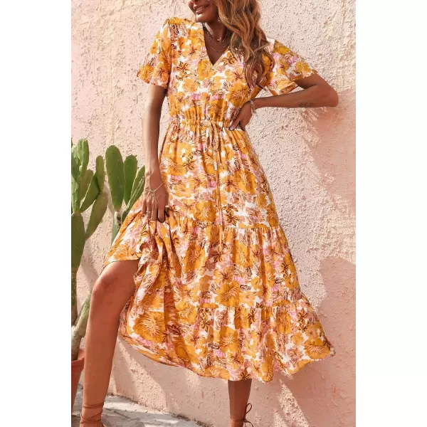imagePRETTYGARDEN Womens Floral Boho Dress Casual Short Sleeve V Neck Ruffle Tiered 2024 Summer Swing Maxi DressesWhite Yellow Floral