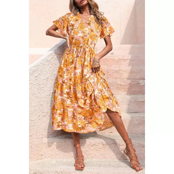 imagePRETTYGARDEN Womens Floral Boho Dress Casual Short Sleeve V Neck Ruffle Tiered 2024 Summer Swing Maxi DressesWhite Yellow Floral