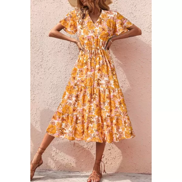 imagePRETTYGARDEN Womens Floral Boho Dress Casual Short Sleeve V Neck Ruffle Tiered 2024 Summer Swing Maxi DressesWhite Yellow Floral