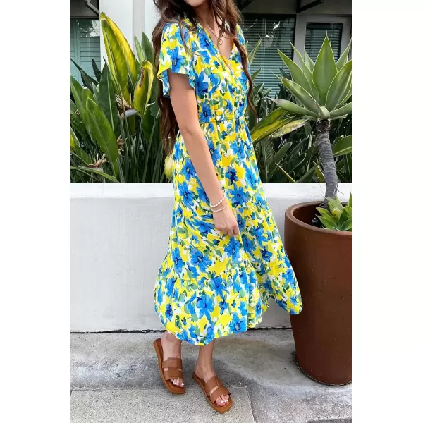 imagePRETTYGARDEN Womens Floral Boho Dress Casual Short Sleeve V Neck Ruffle Tiered 2024 Summer Swing Maxi DressesYellow Blue Floral