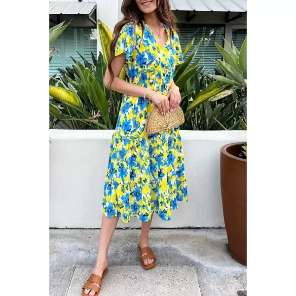 imagePRETTYGARDEN Womens Floral Boho Dress Casual Short Sleeve V Neck Ruffle Tiered 2024 Summer Swing Maxi DressesYellow Blue Floral