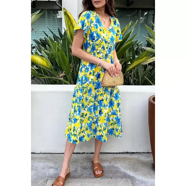 imagePRETTYGARDEN Womens Floral Boho Dress Casual Short Sleeve V Neck Ruffle Tiered 2024 Summer Swing Maxi DressesYellow Blue Floral