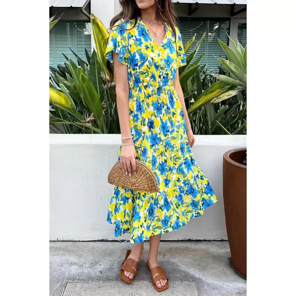 imagePRETTYGARDEN Womens Floral Boho Dress Casual Short Sleeve V Neck Ruffle Tiered 2024 Summer Swing Maxi DressesYellow Blue Floral
