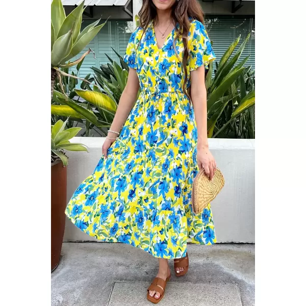imagePRETTYGARDEN Womens Floral Boho Dress Casual Short Sleeve V Neck Ruffle Tiered 2024 Summer Swing Maxi DressesYellow Blue Floral