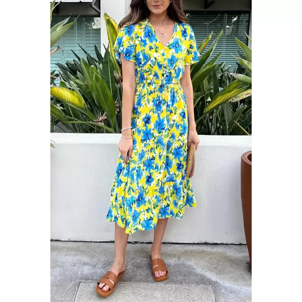 imagePRETTYGARDEN Womens Floral Boho Dress Casual Short Sleeve V Neck Ruffle Tiered 2024 Summer Swing Maxi DressesYellow Blue Floral