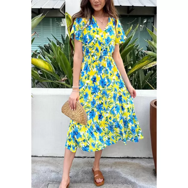 imagePRETTYGARDEN Womens Floral Boho Dress Casual Short Sleeve V Neck Ruffle Tiered 2024 Summer Swing Maxi DressesYellow Blue Floral