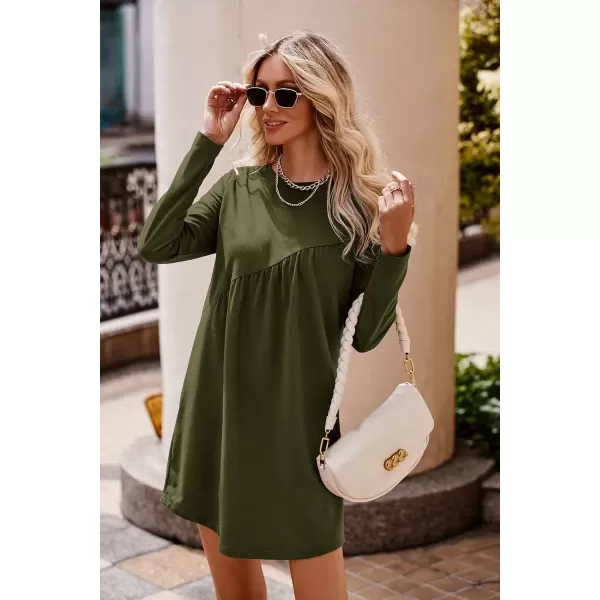 imagePRETTYGARDEN Womens Long Sleeve Mini Tunic Dress Casual Crewneck Loose Flowy Shift Ruched DressesArmy Green