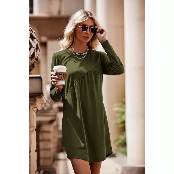 imagePRETTYGARDEN Womens Long Sleeve Mini Tunic Dress Casual Crewneck Loose Flowy Shift Ruched DressesArmy Green