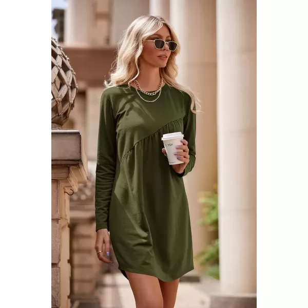 imagePRETTYGARDEN Womens Long Sleeve Mini Tunic Dress Casual Crewneck Loose Flowy Shift Ruched DressesArmy Green
